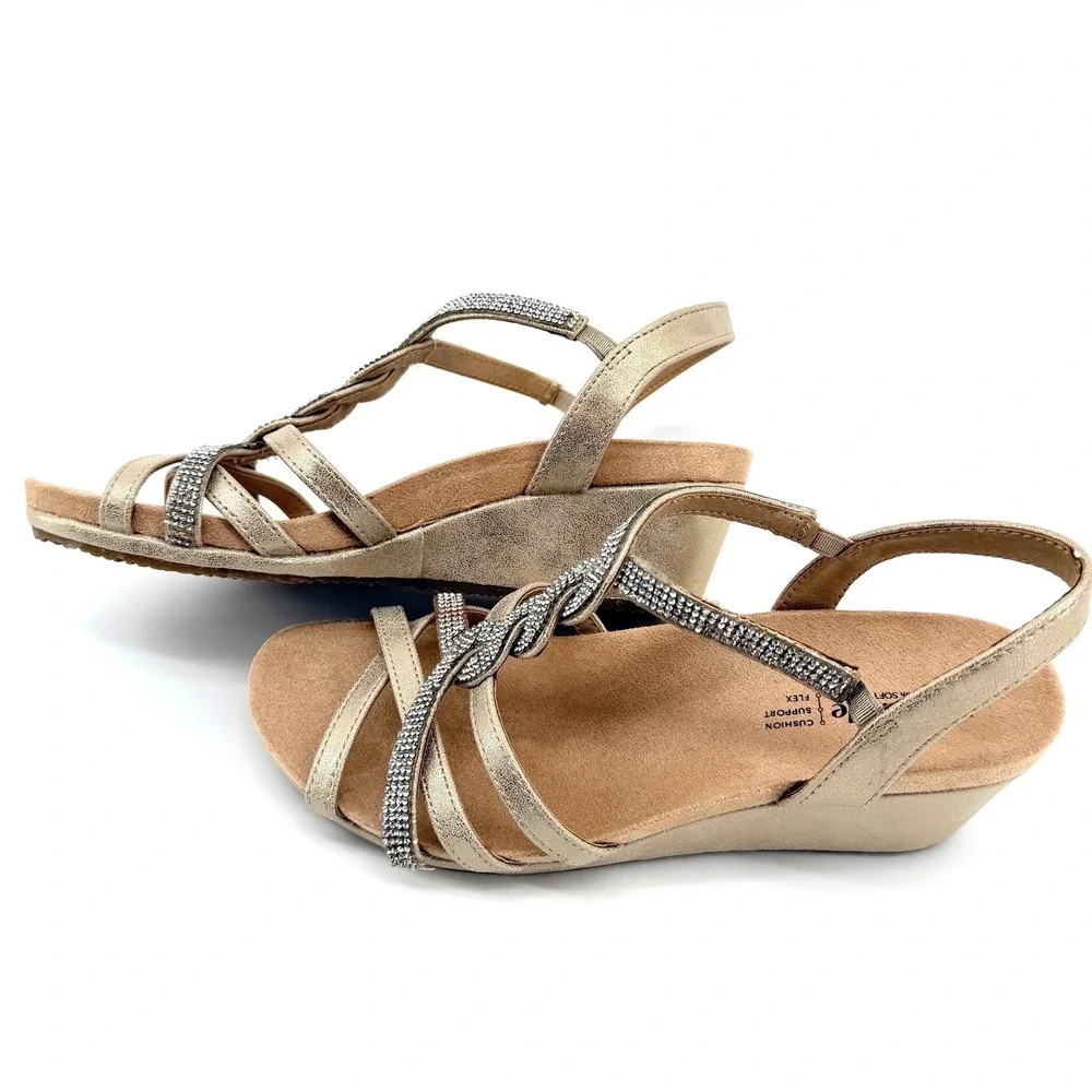 LifeStride Miami Wedge Sandals Women 7M Gold Excellent Rhinestone Strappy Dressy